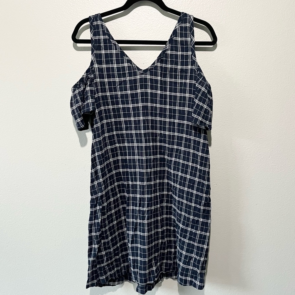 LOFT- Blue and White Pattern Mini Dress Off the Shoulder Size L
